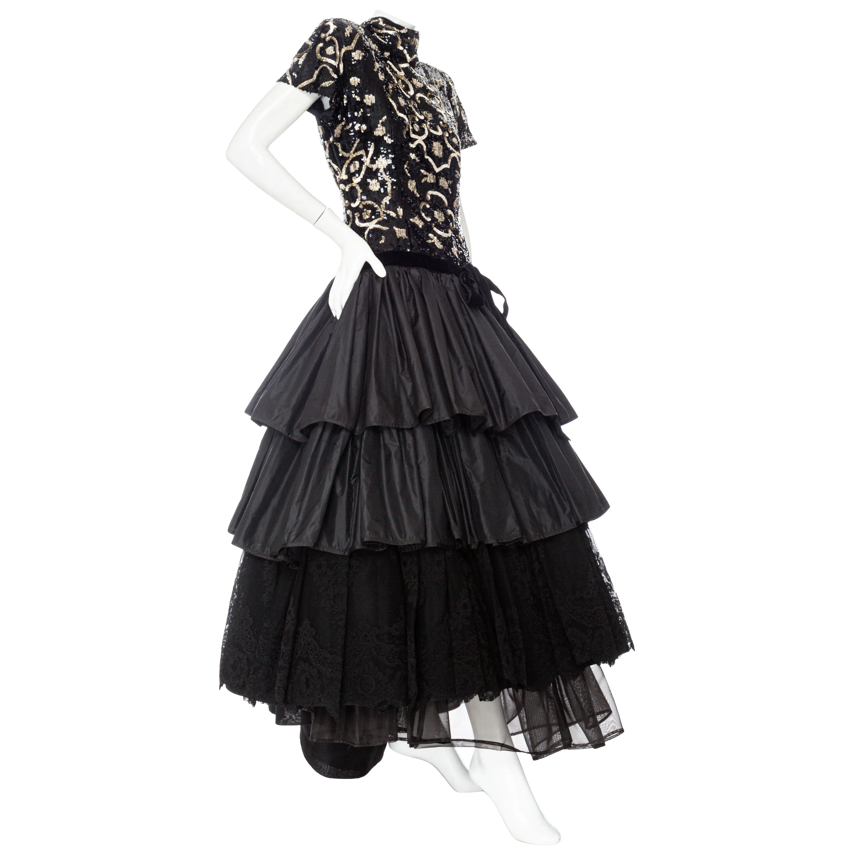 1980s Sequined Black and Gold Tiered Taffeta and Lace Dress