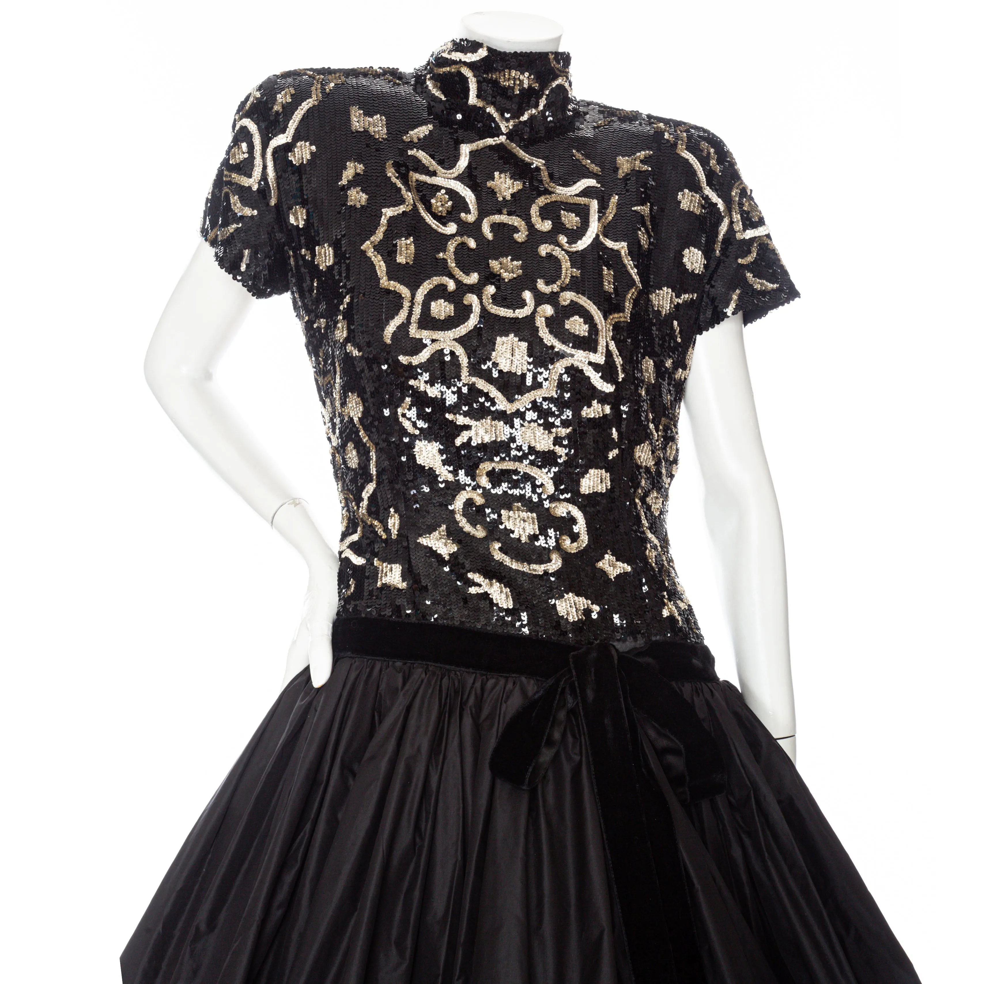 1980s Sequined Black and Gold Tiered Taffeta and Lace Dress