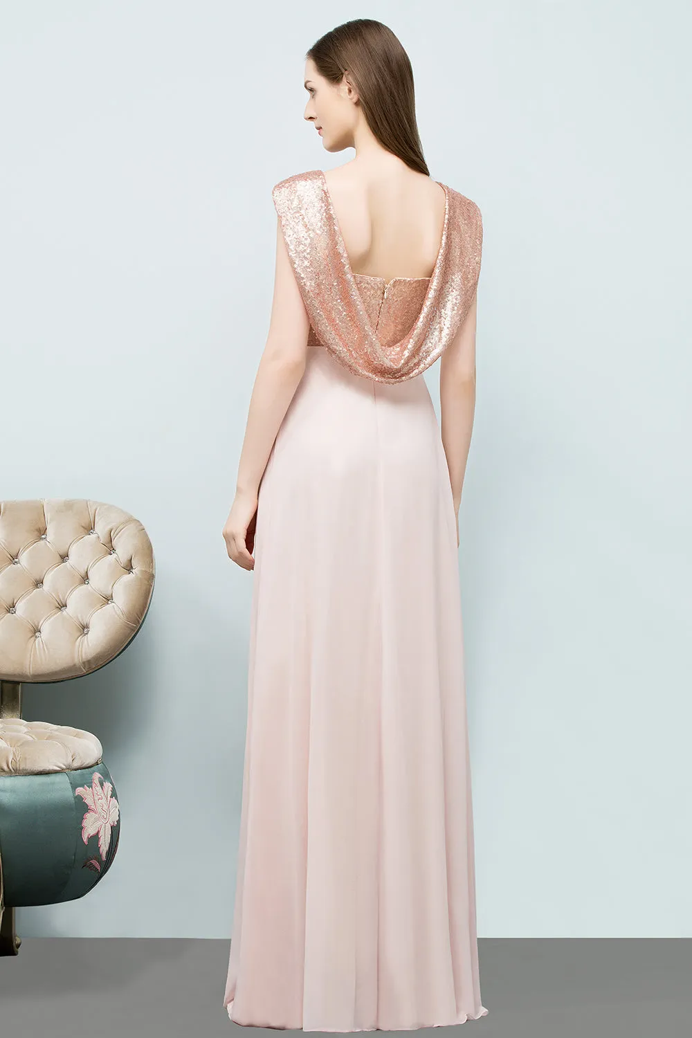 A-line Chiffon Sequins Straps Sweetheart Long Bridesmaid Dresses with Sleeves