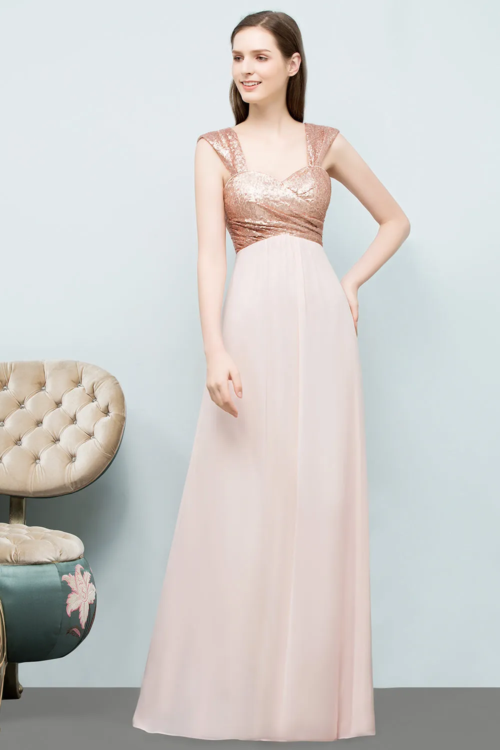 A-line Chiffon Sequins Straps Sweetheart Long Bridesmaid Dresses with Sleeves