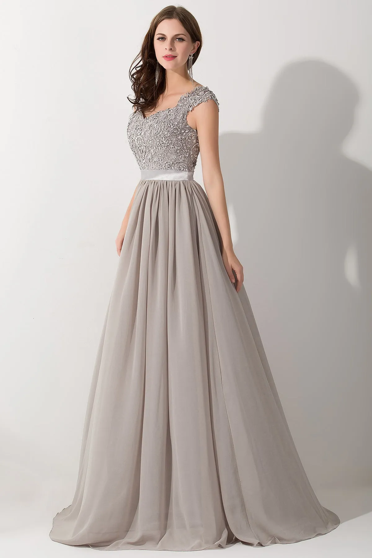 A-line Chiffon V-Neck Sleeveless Long Bridesmaid Dress with Appliques