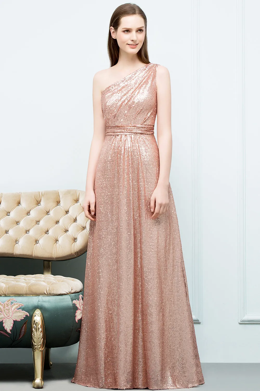 A-line Sequined One-shoulder Sleeveless Long Bridesmaid Dresses