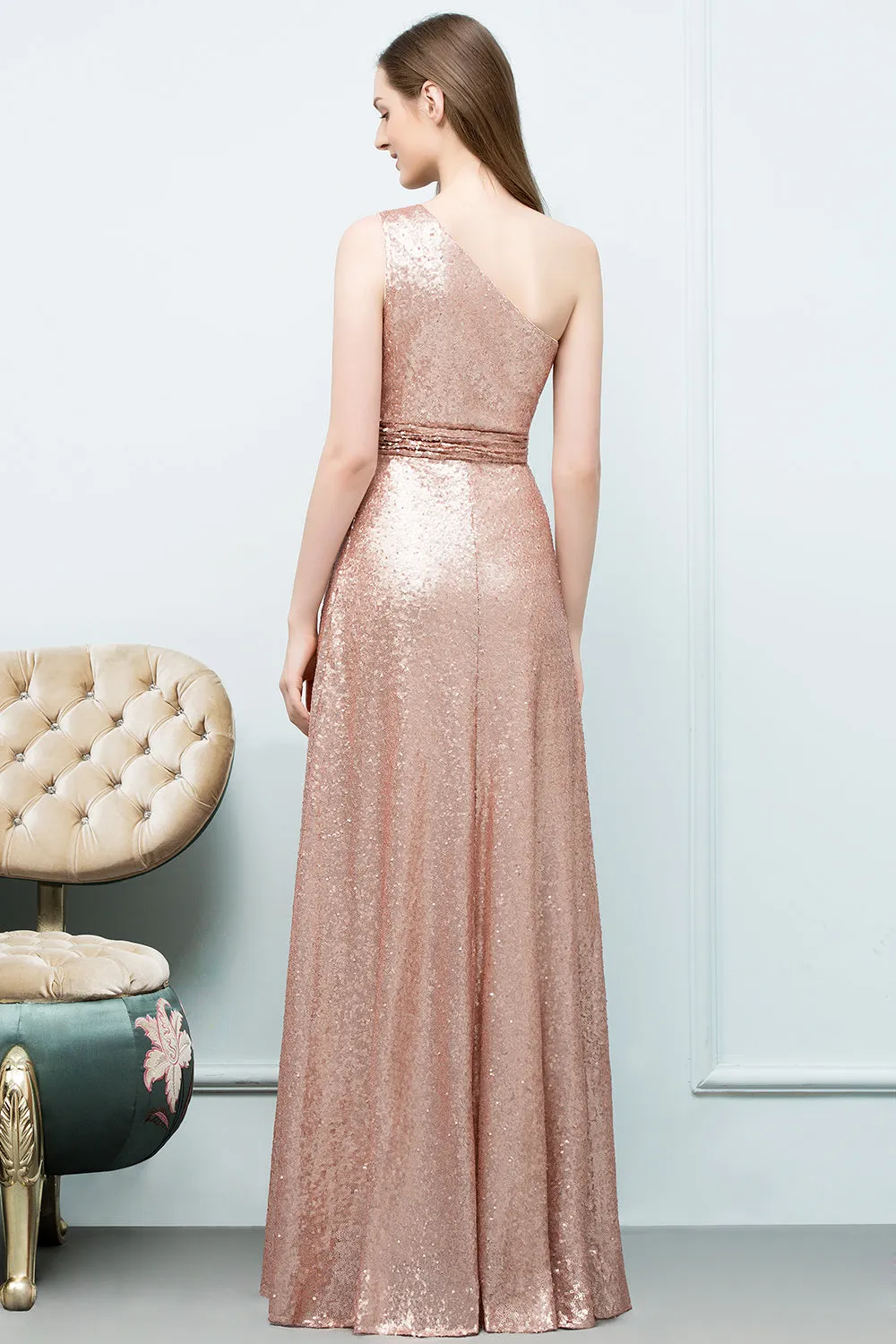 A-line Sequined One-shoulder Sleeveless Long Bridesmaid Dresses