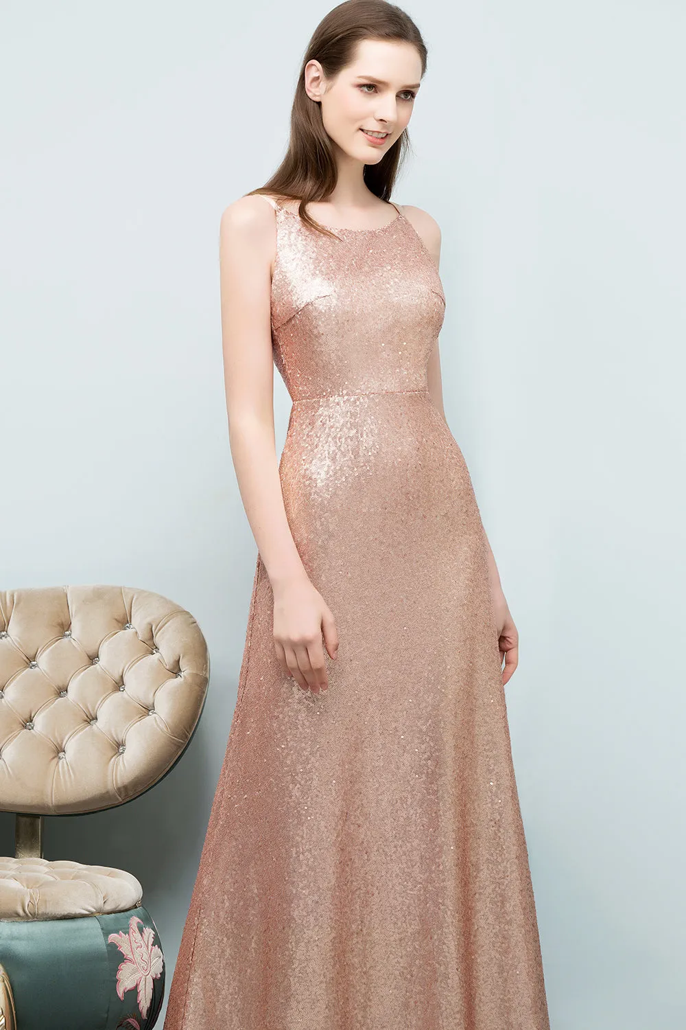 A-line Sequined Scoop Sleeveless Long Bridesmaid Dresses