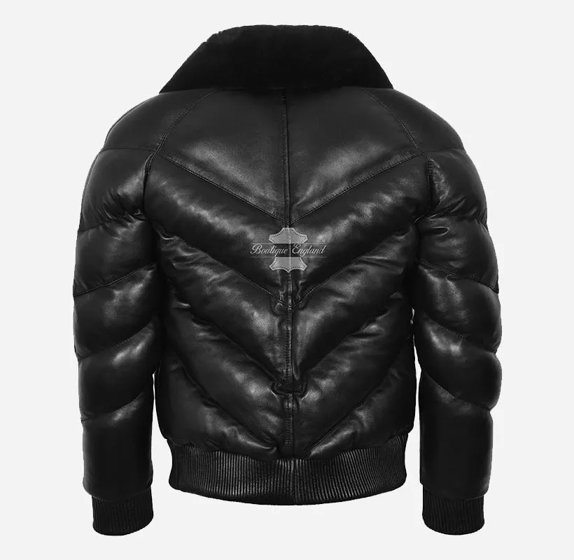 ACE Puffer Men's Leather Padded Fur Collar Bomber Jacket Black