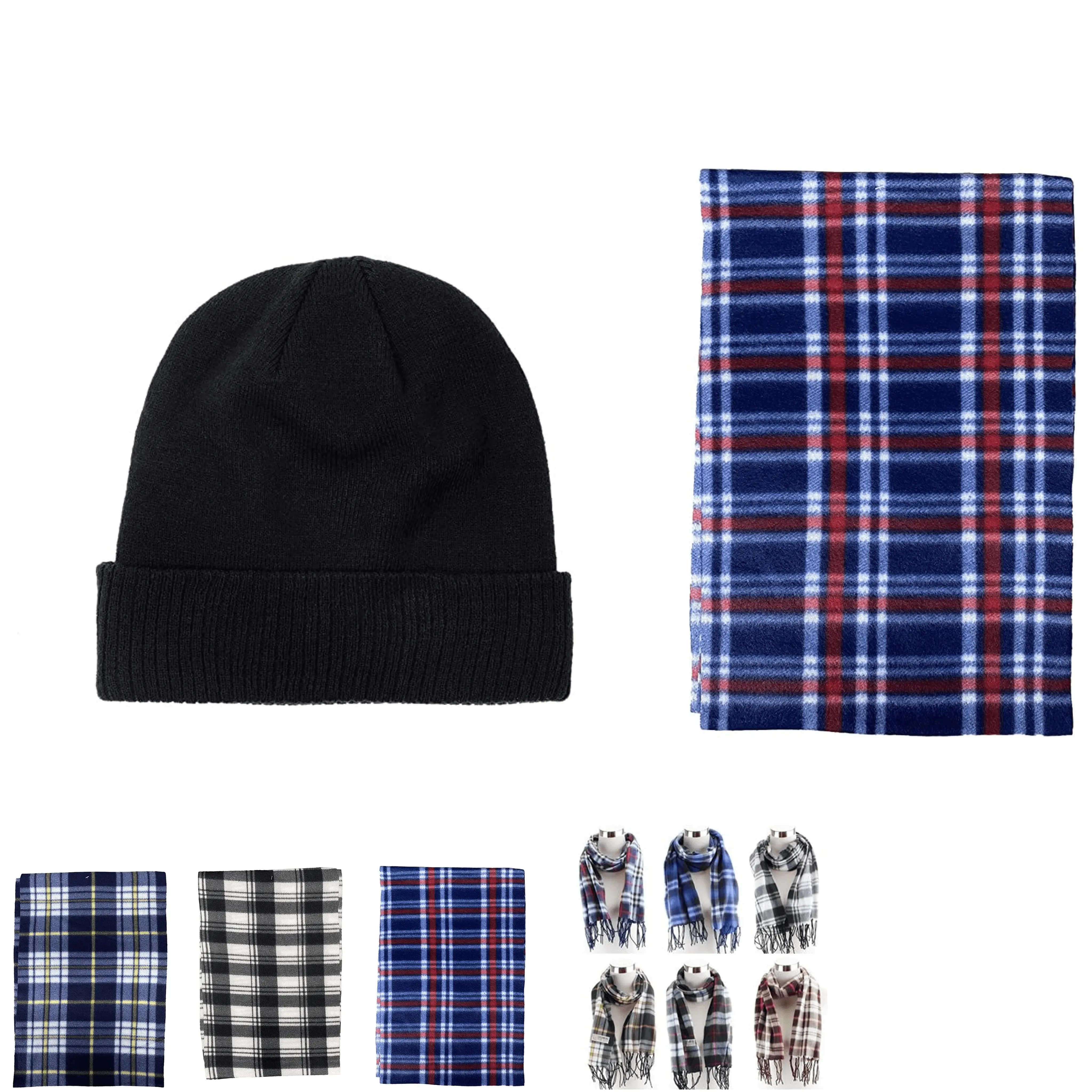 Adult Fleece Lined Winter Hat with Fleece Plaid Scarf Thermware Winter Bundle