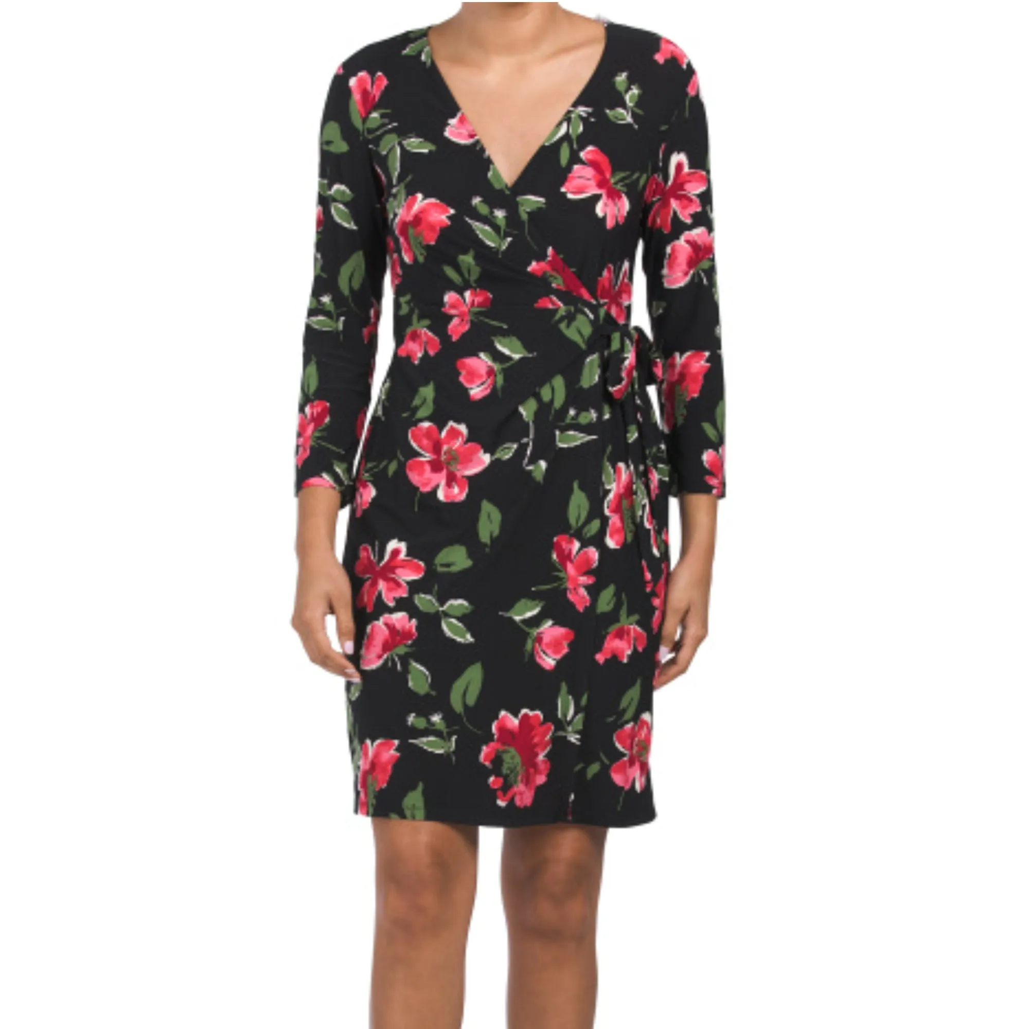 Anne Klein Women's Roses Floral Print Long Sleeve Wrap Mini Dress