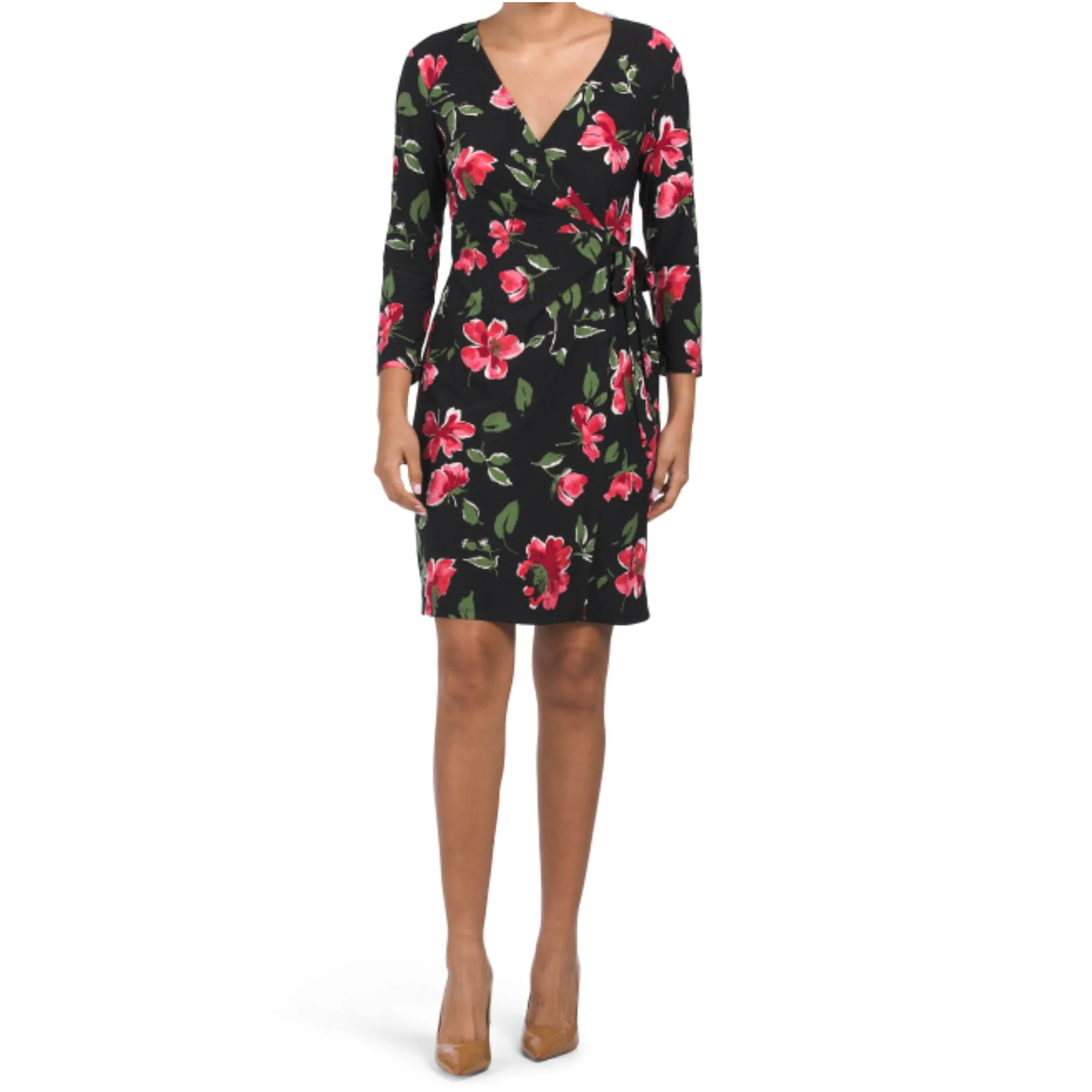 Anne Klein Women's Roses Floral Print Long Sleeve Wrap Mini Dress