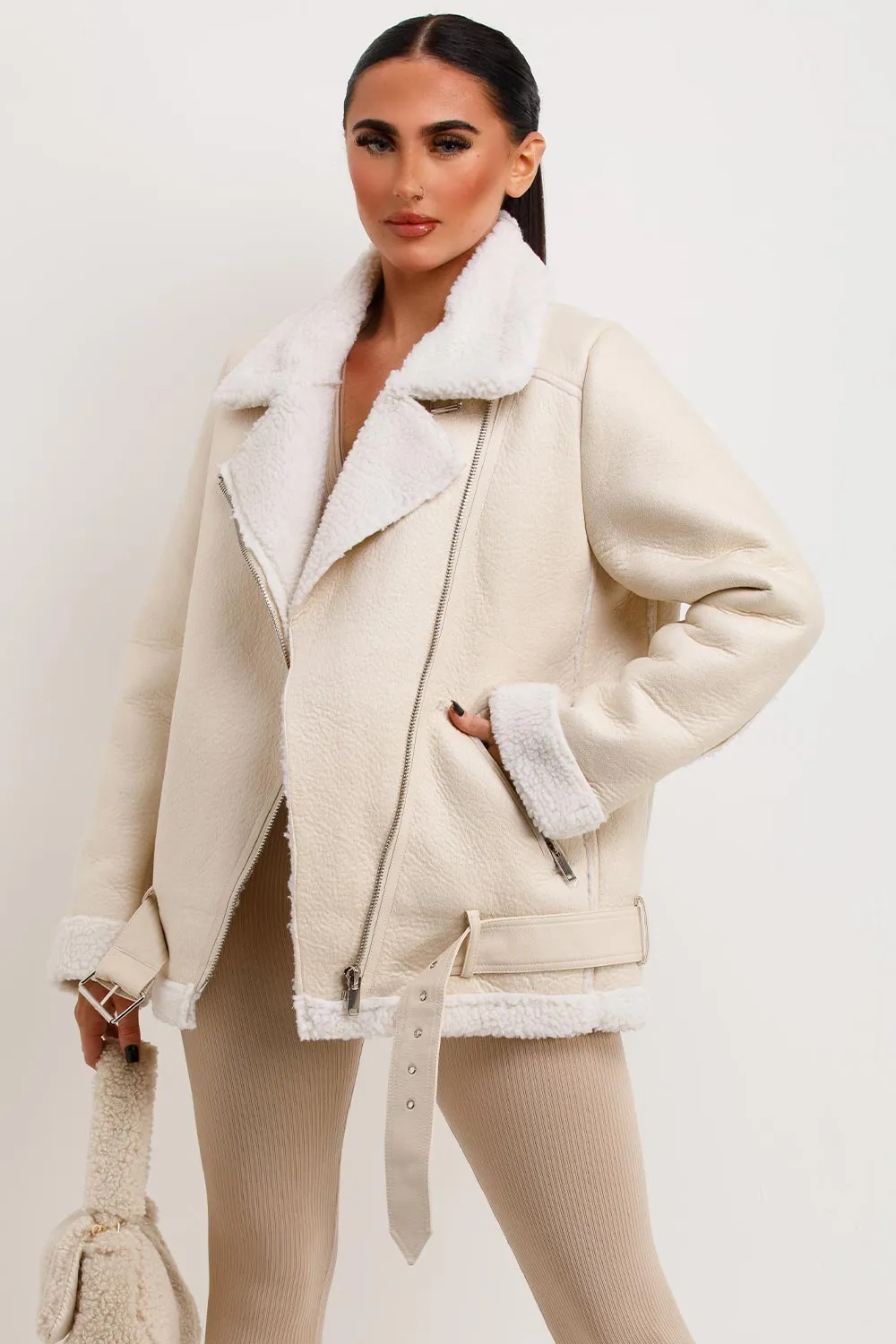 Aviator Jacket With Shearling Detail Beige