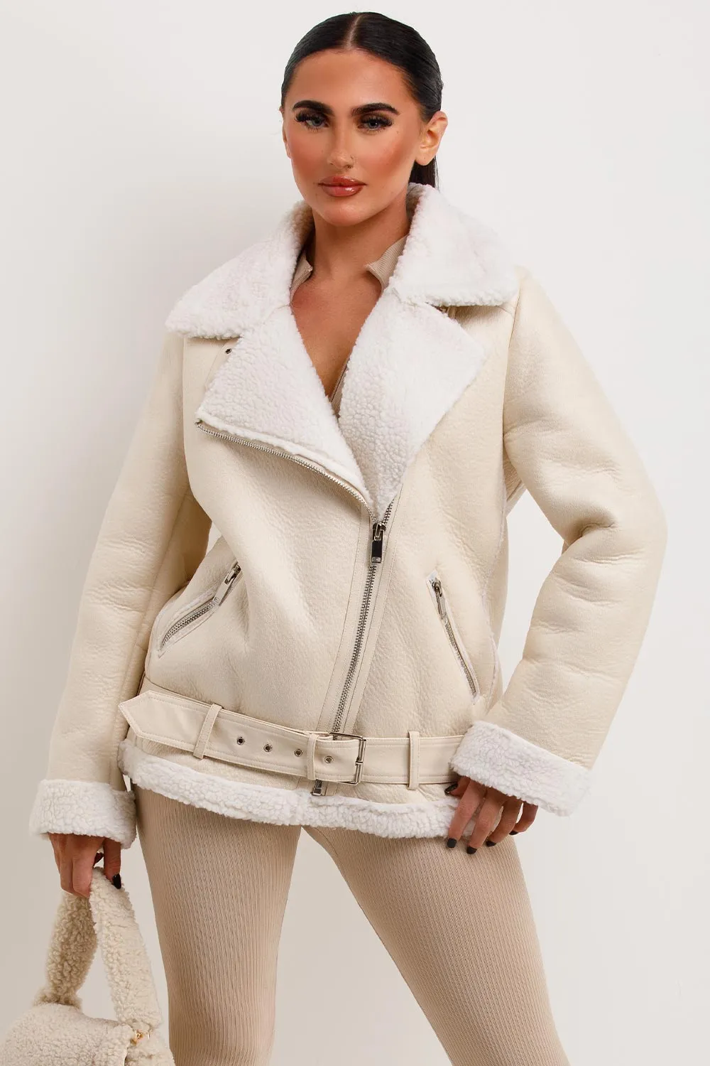 Aviator Jacket With Shearling Detail Beige