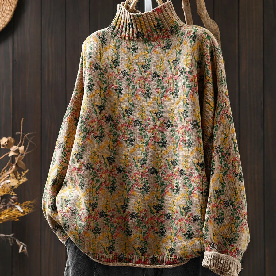 Babakud Women Winter Retro Floral Cotton Knit Casual Sweater