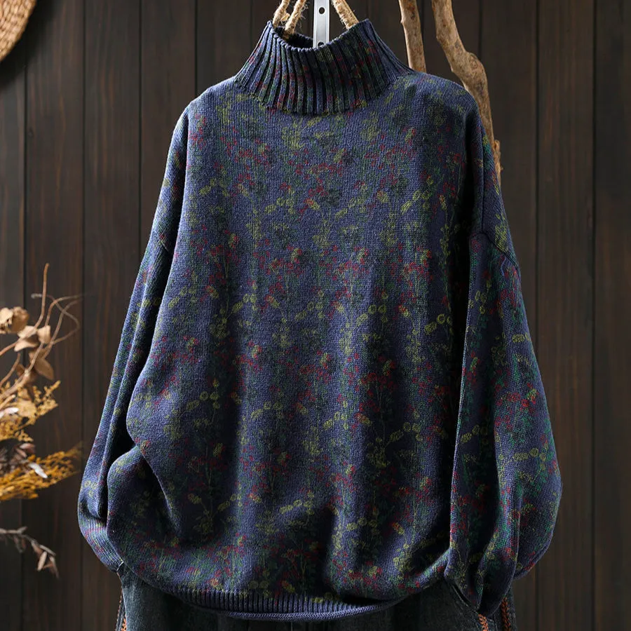 Babakud Women Winter Retro Floral Cotton Knit Casual Sweater