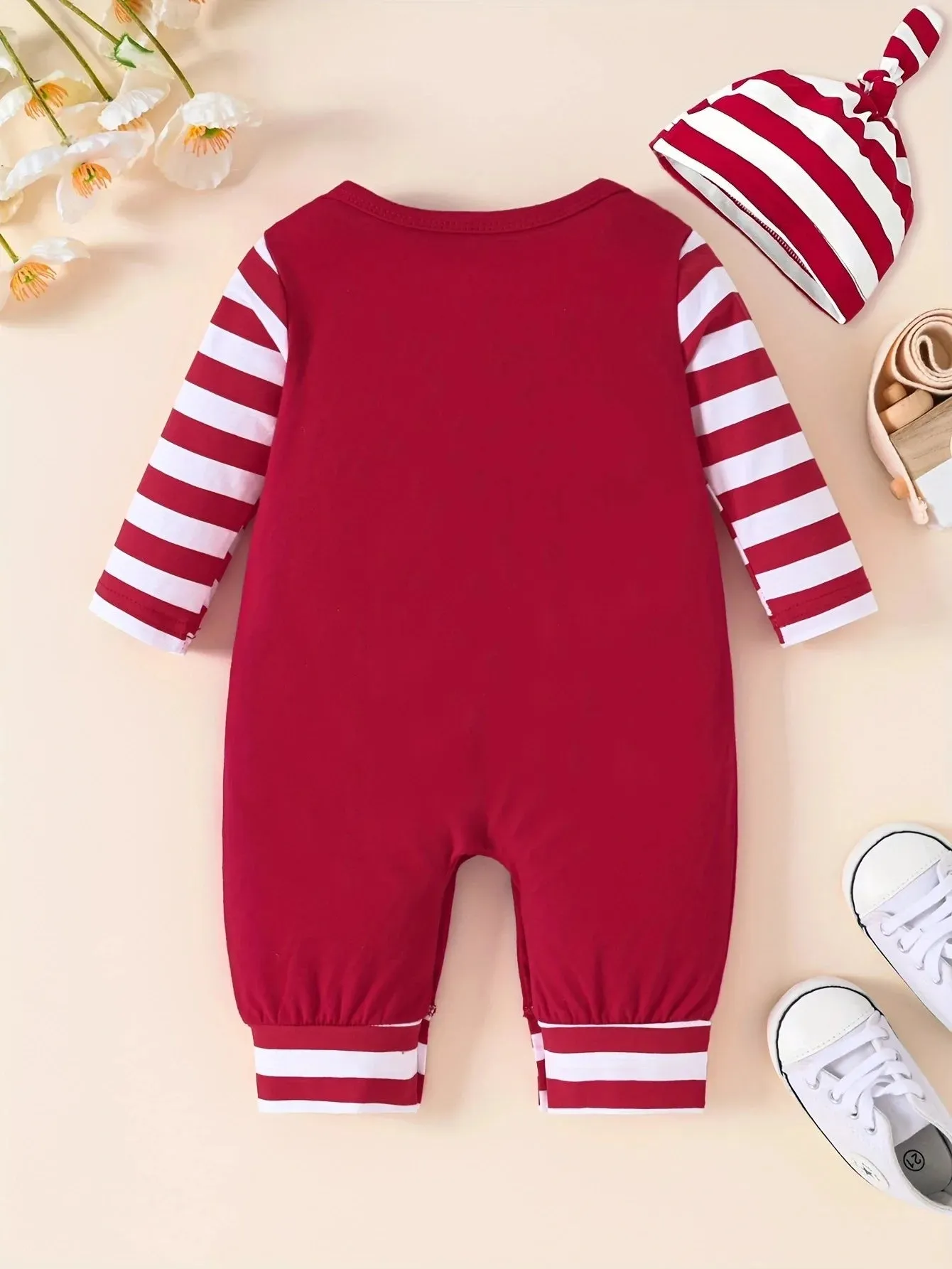 Baby Boys And Girls Christmas Day Style Monogram Print Panels Striped Long Sleeve Climbing Suit 0-18 Months Spring Autumn