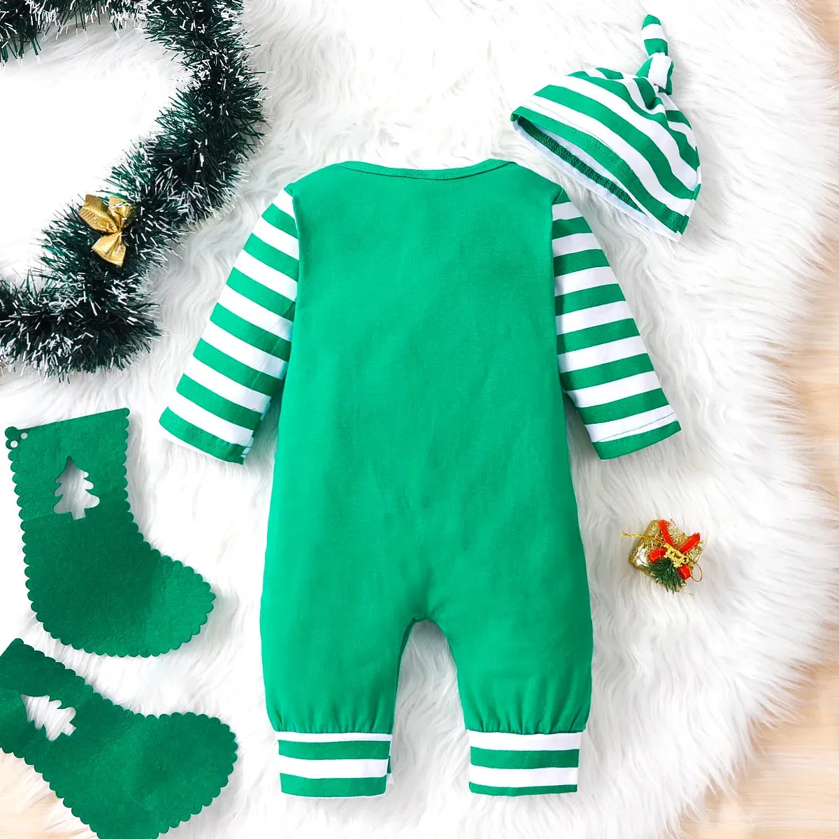 Baby Boys And Girls Christmas Day Style Monogram Print Panels Striped Long Sleeve Climbing Suit 0-18 Months Spring Autumn