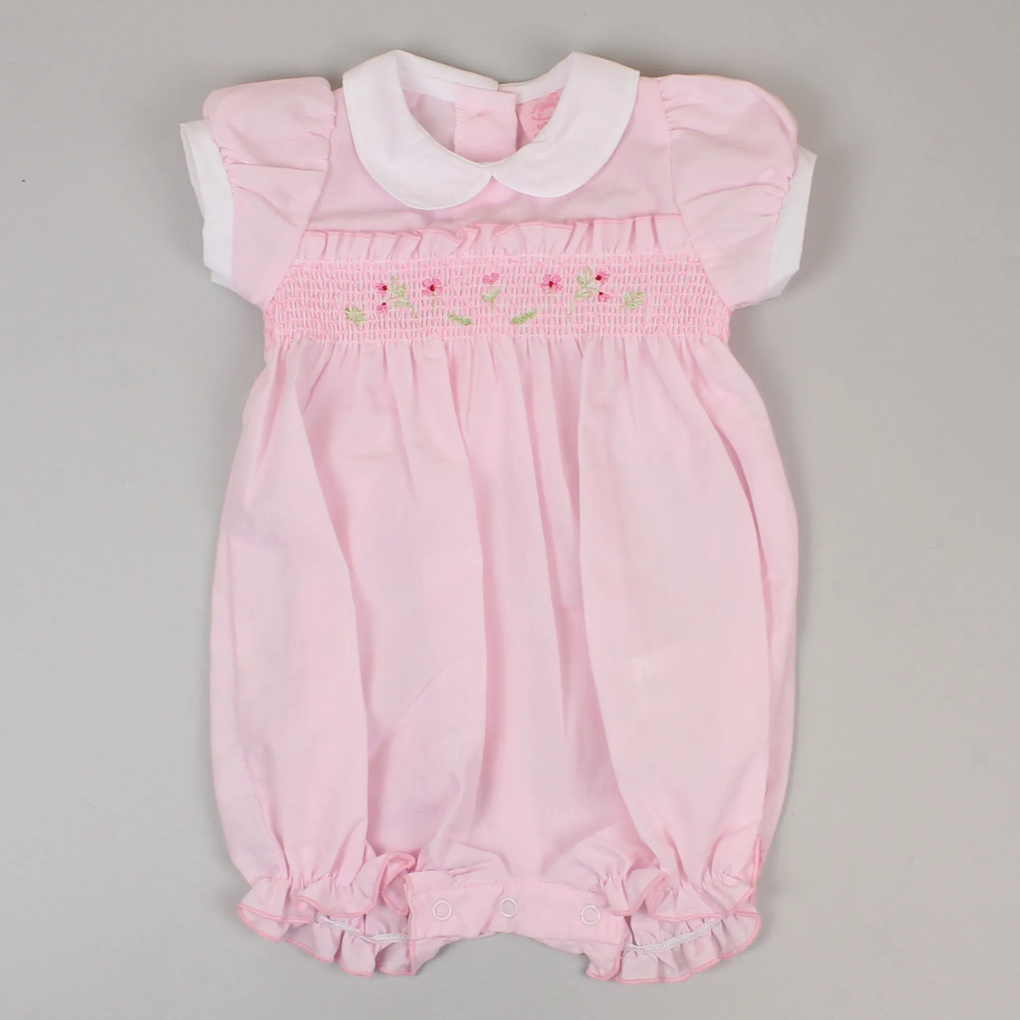 Baby Girls Pink Romper with Embroidery & Smocking