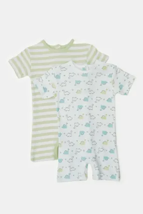 Baby Mint And White Printed Romper Set (Pack Of 2)