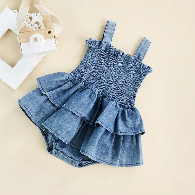 Baby Summer Clothes Girl Denim Romper Sleeveless Suspender Pleated