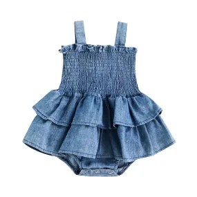 Baby Summer Clothes Girl Denim Romper Sleeveless Suspender Pleated