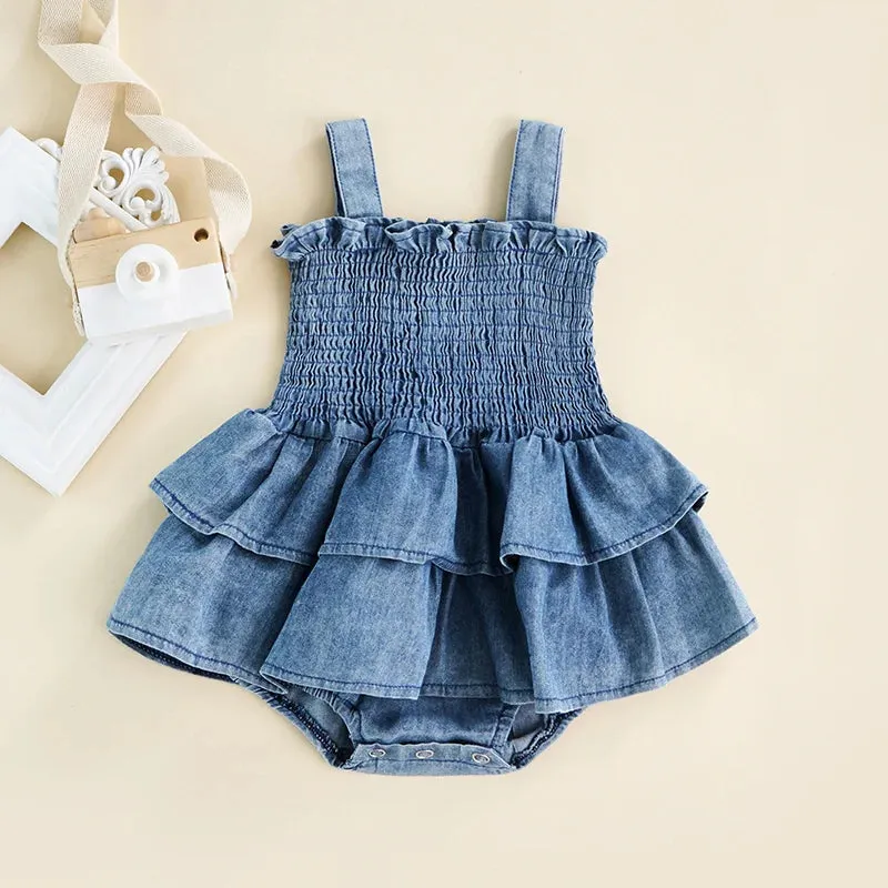 Baby Summer Clothes Girl Denim Romper Sleeveless Suspender Pleated