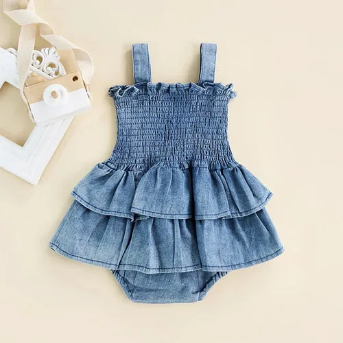 Baby Summer Clothes Girl Denim Romper Sleeveless Suspender Pleated