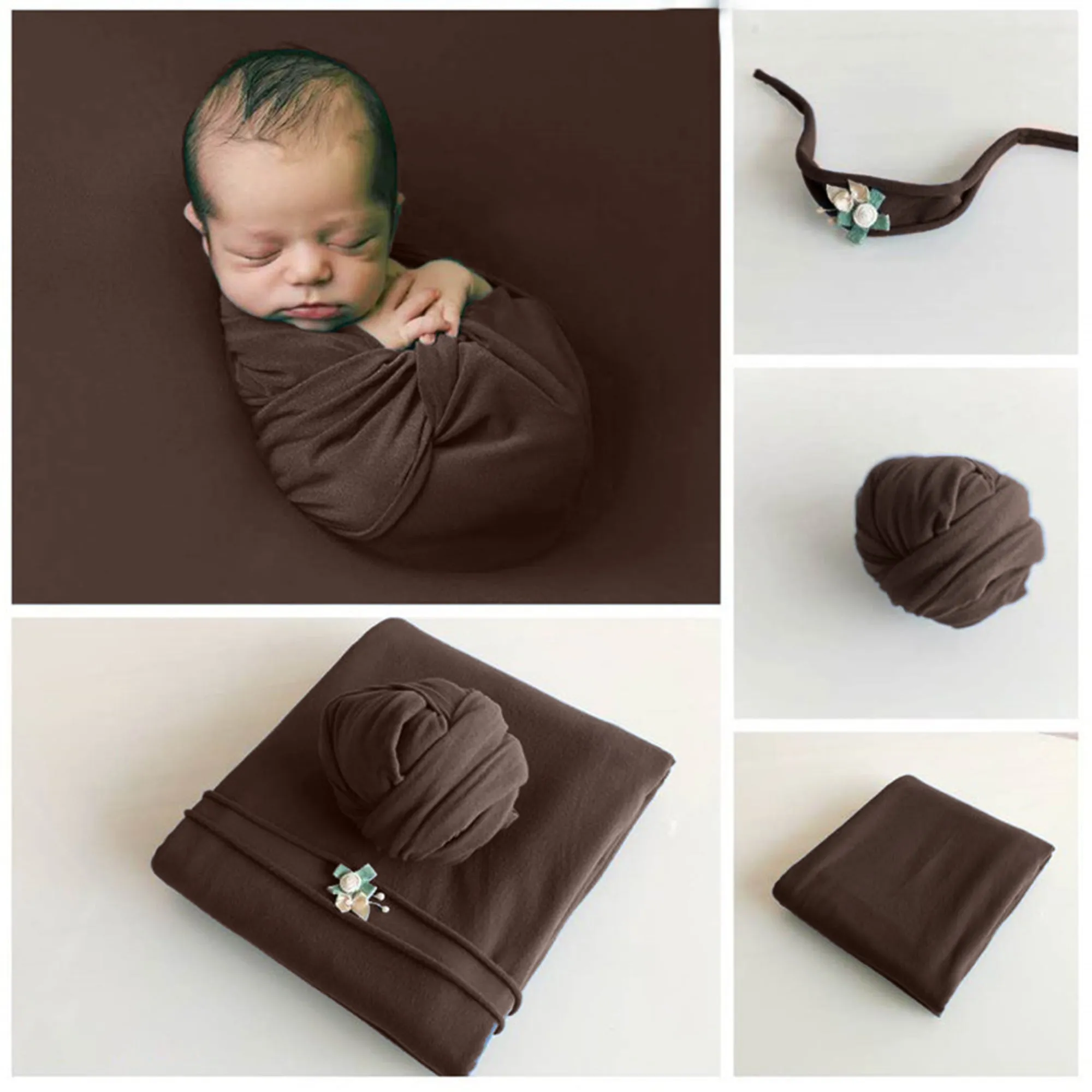 Babymoon | Set of 3 | Jersey stretchable Baby Photography Shoot Bean Bag Layer | Hairband And Wrap | Brown