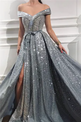 Beautiful Long A-line Off the Shoulder Sweetheart Sequined Prom Dress with Slit