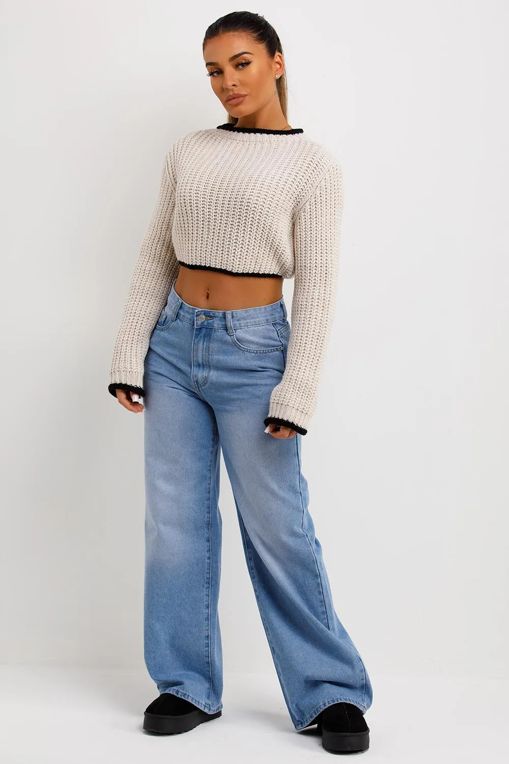 Beige Long Sleeve Knitted Cropped Jumper