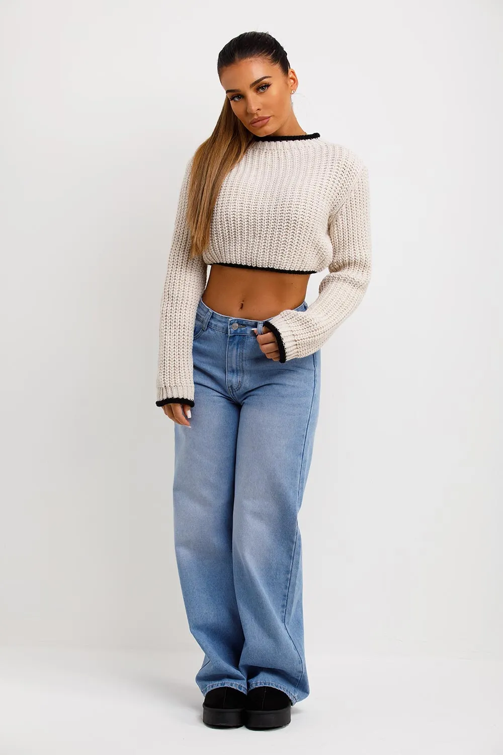 Beige Long Sleeve Knitted Cropped Jumper