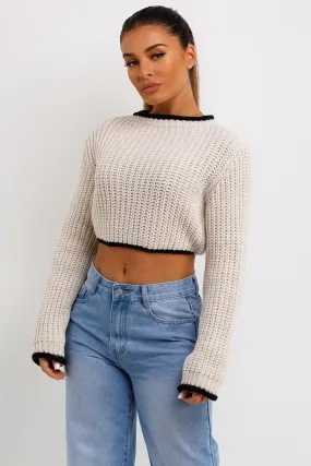 Beige Long Sleeve Knitted Cropped Jumper