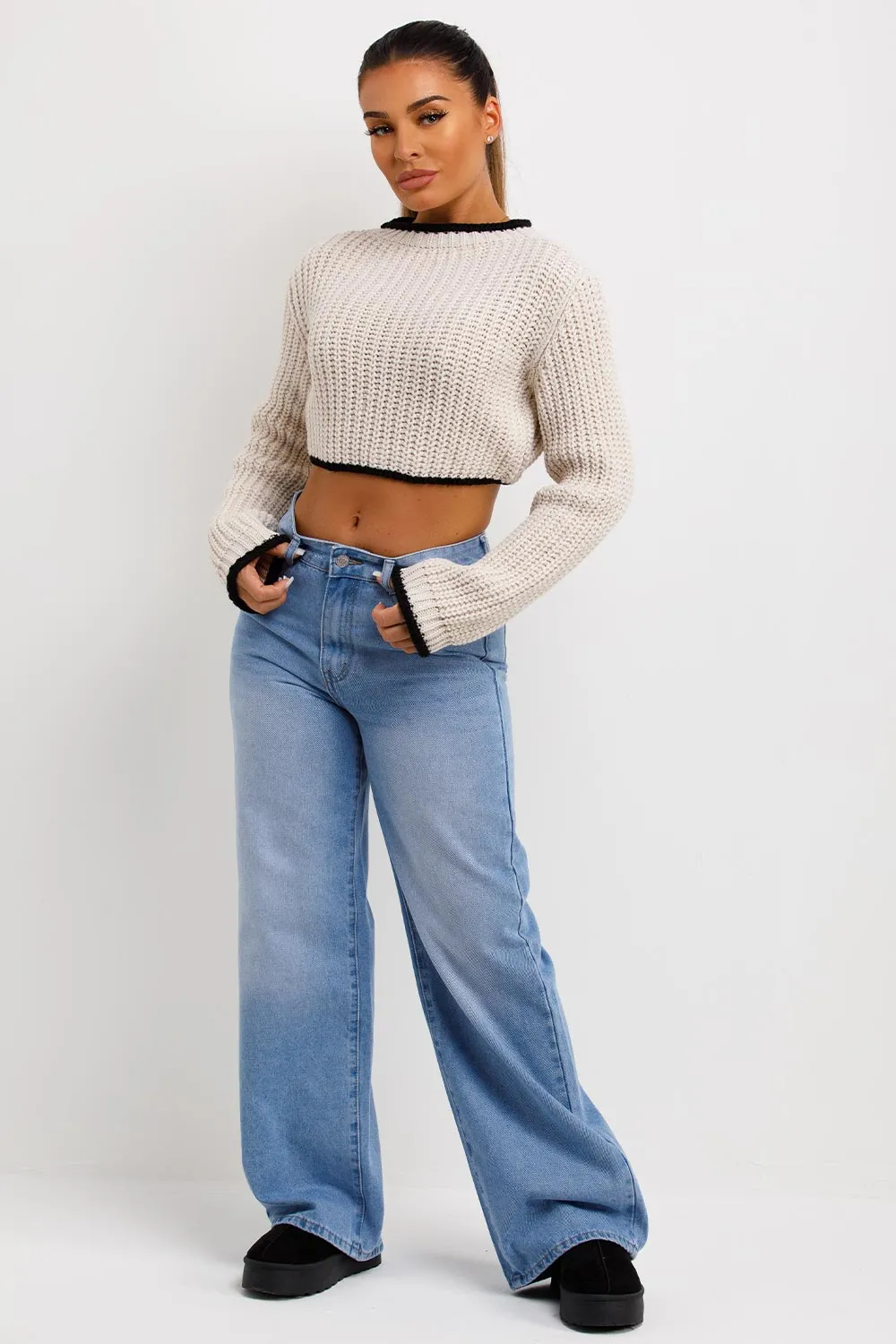 Beige Long Sleeve Knitted Cropped Jumper