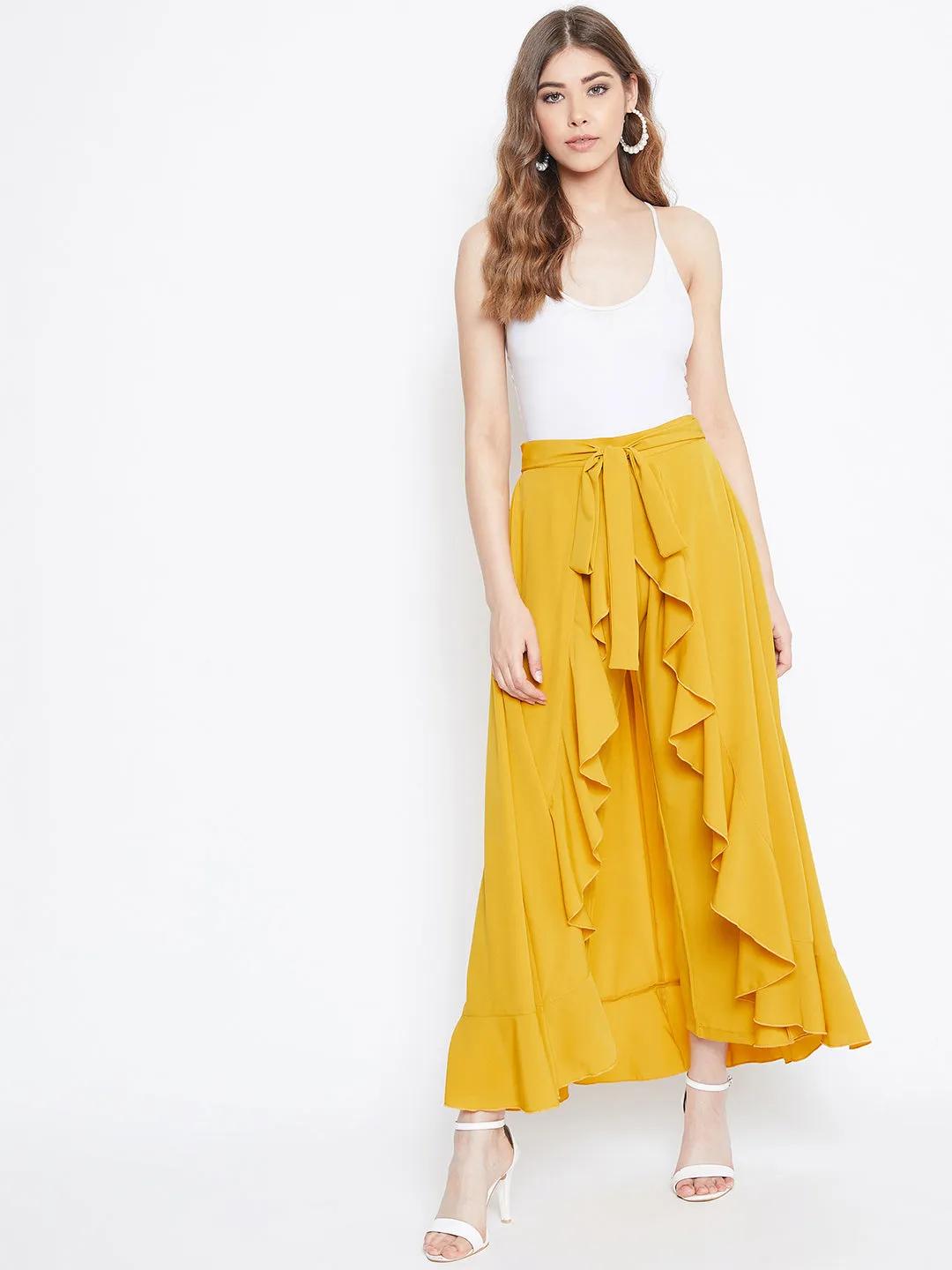 Berrylush Women Solid Yellow Waist Tie-Up Ruffled Maxi Skirt With Attached Trousers