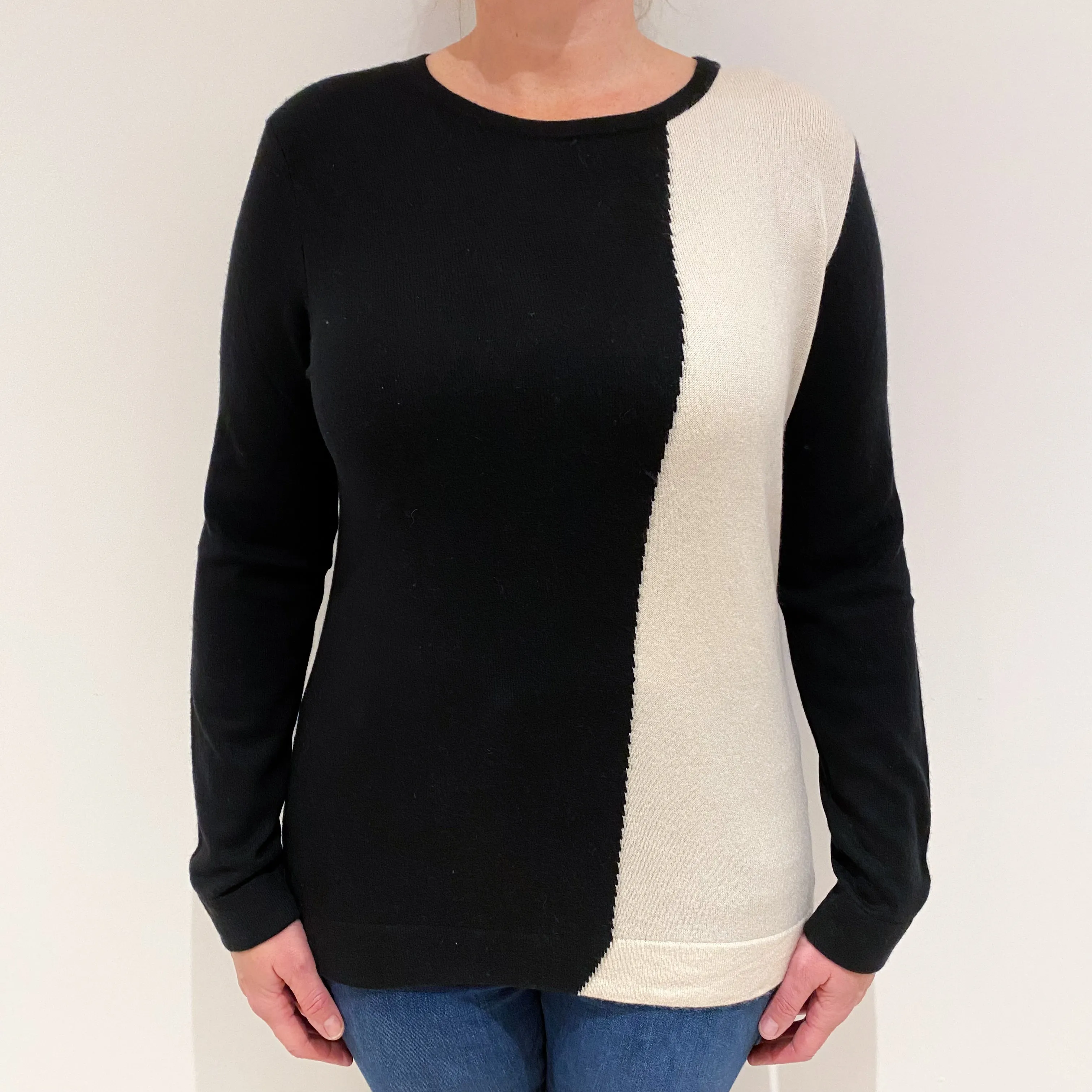 Black and Cream Cashmere Crew Neck Jumper Large