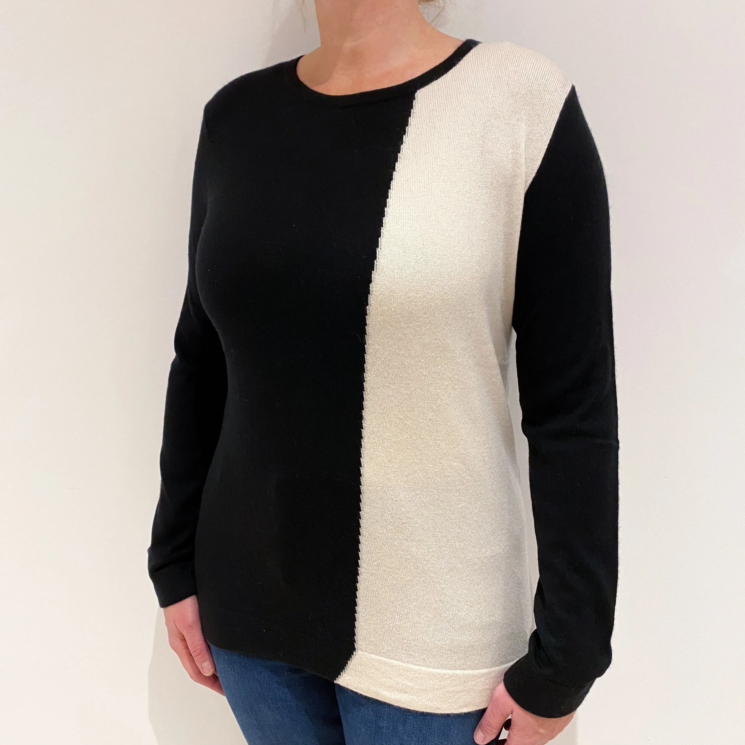 Black and Cream Cashmere Crew Neck Jumper Large