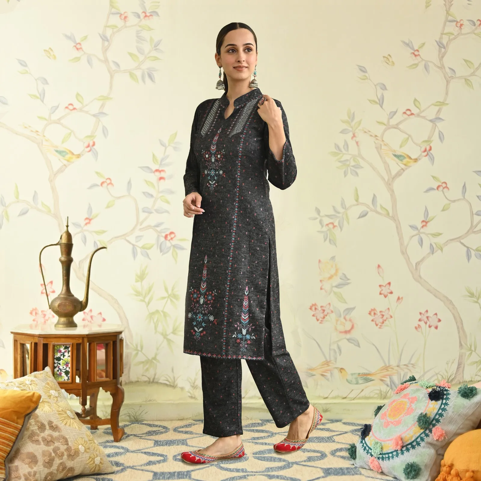 Black Embroidered Woollen Kurta