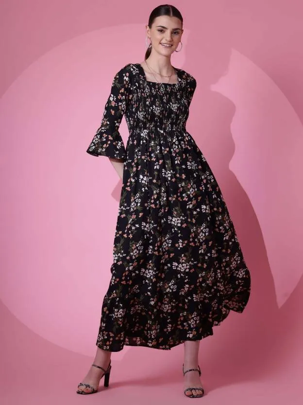 Black Floral Flared Sleeves Maxi Dress