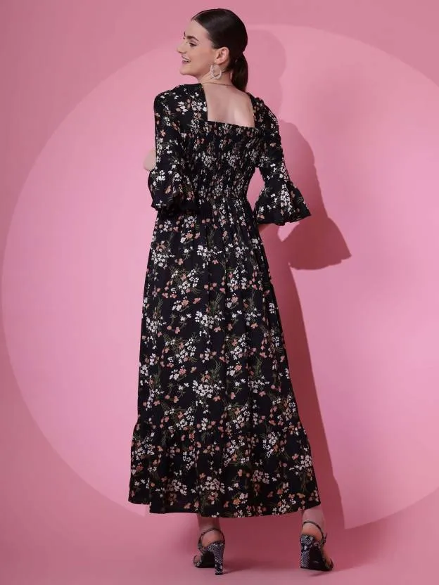 Black Floral Flared Sleeves Maxi Dress