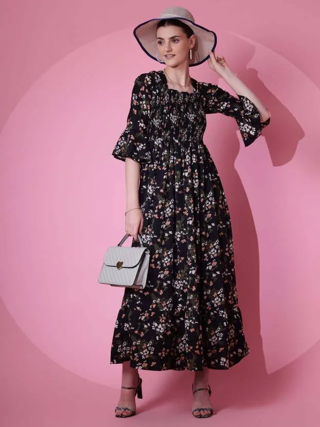 Black Floral Flared Sleeves Maxi Dress