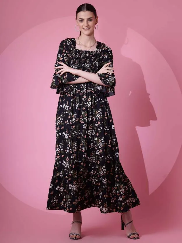 Black Floral Flared Sleeves Maxi Dress