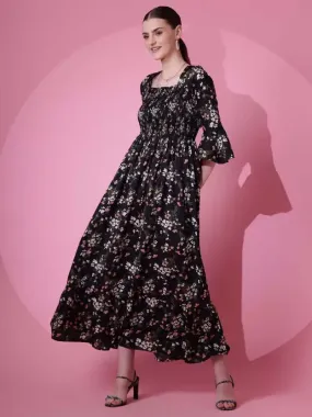 Black Floral Flared Sleeves Maxi Dress