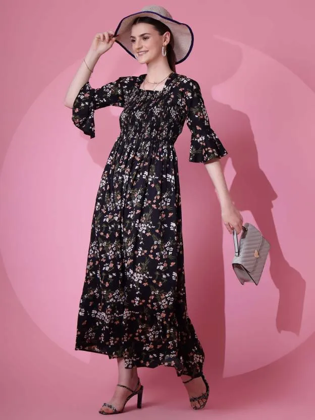 Black Floral Flared Sleeves Maxi Dress