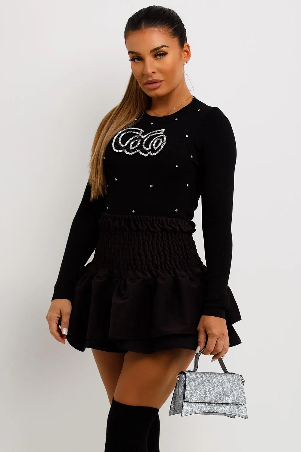 Black Knitted Top With CoCo Diamante Detail