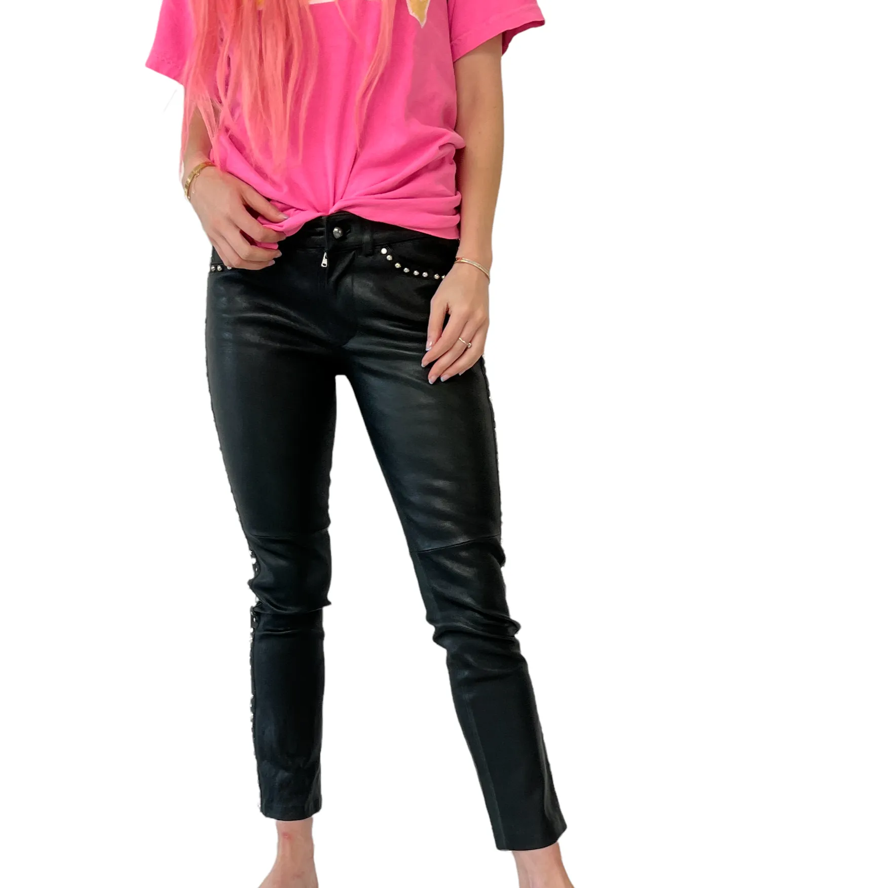 Black Leather Pants with Rhinestones - XS