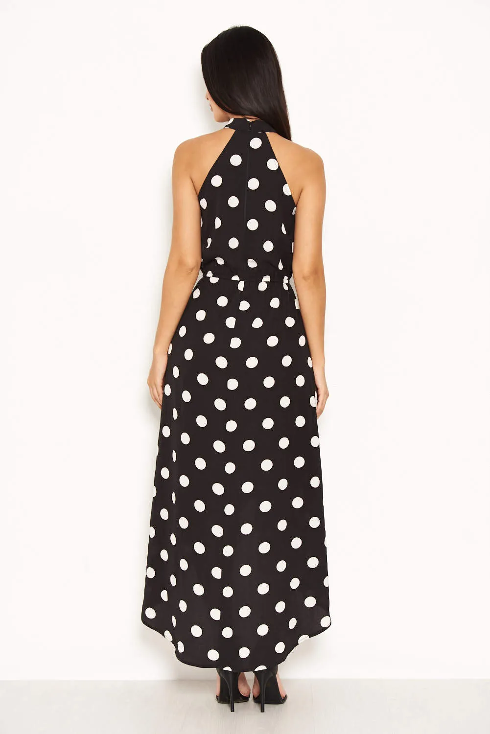 Black Polka Dot High Neck Wrap Dress