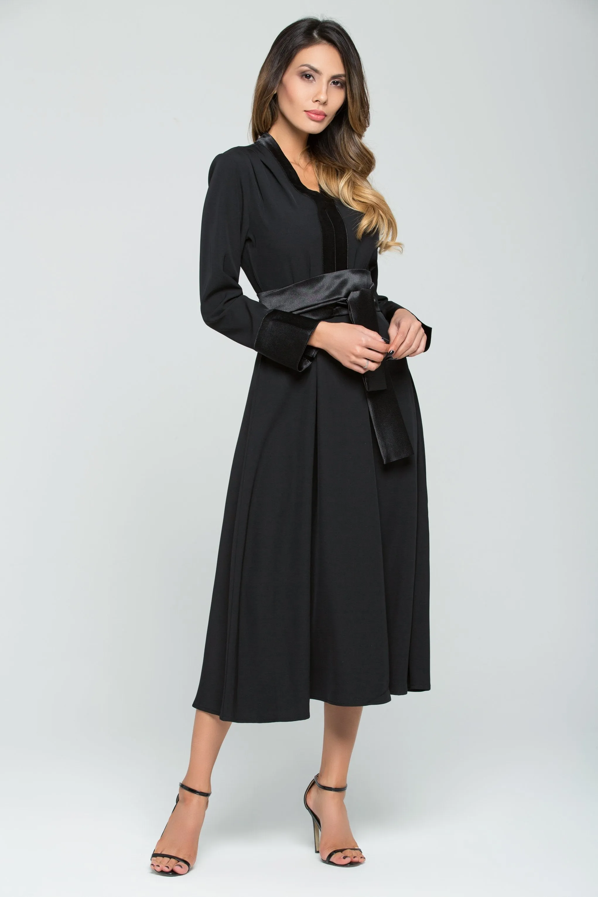 Black Satin Full Sleeves Maxi Dress with Tie-up Belt