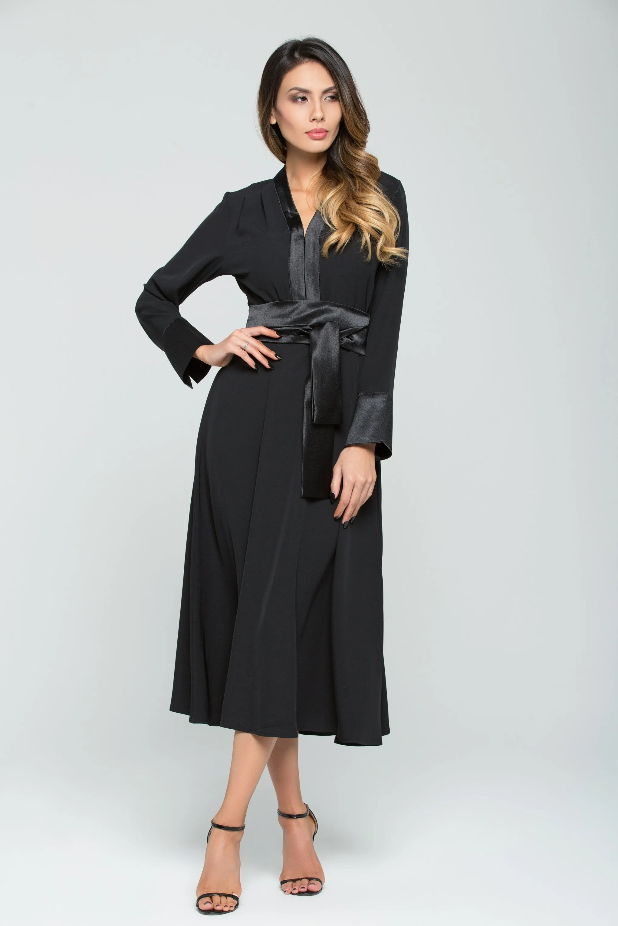 Black Satin Full Sleeves Maxi Dress with Tie-up Belt