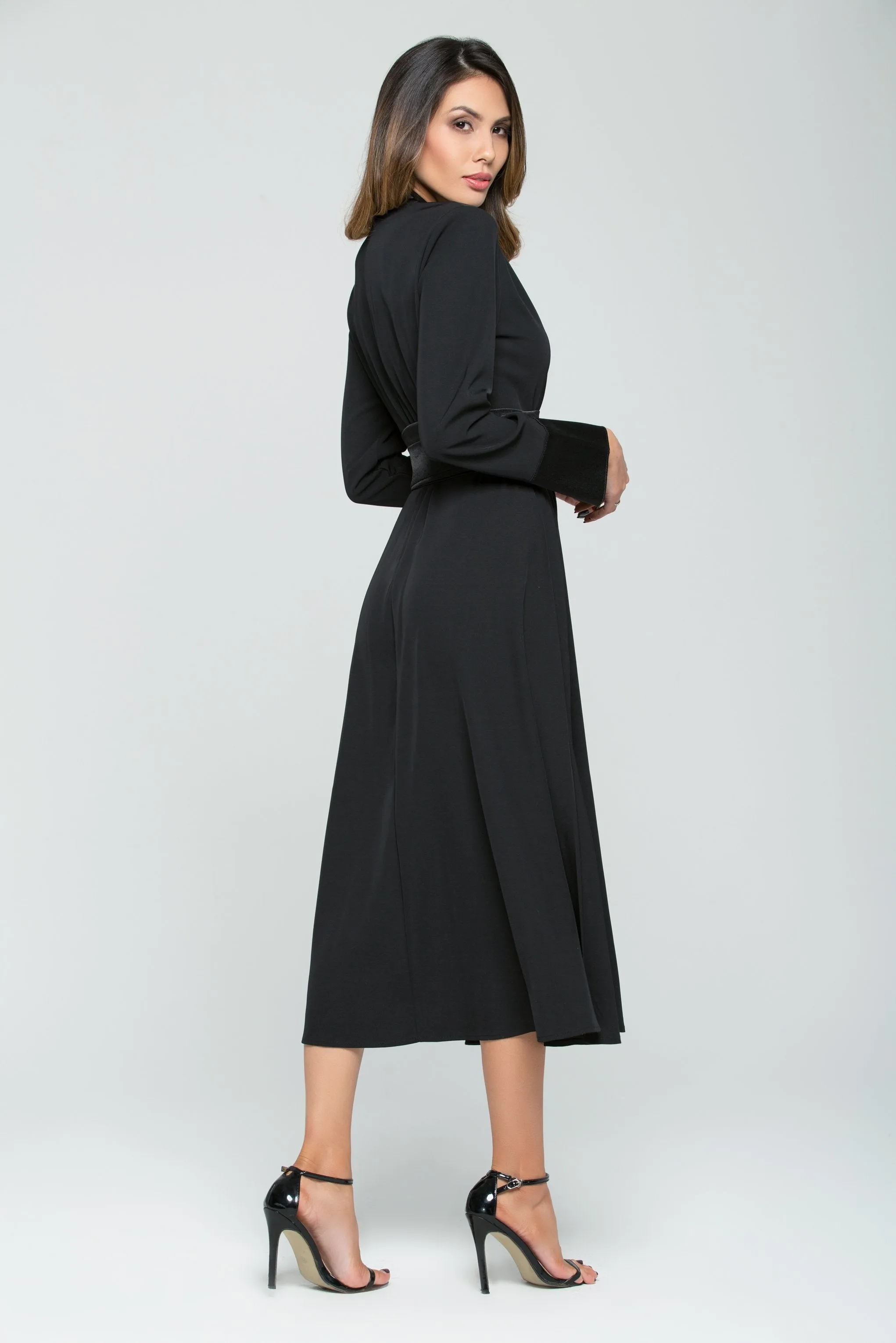 Black Satin Full Sleeves Maxi Dress with Tie-up Belt