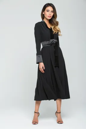 Black Satin Full Sleeves Maxi Dress with Tie-up Belt