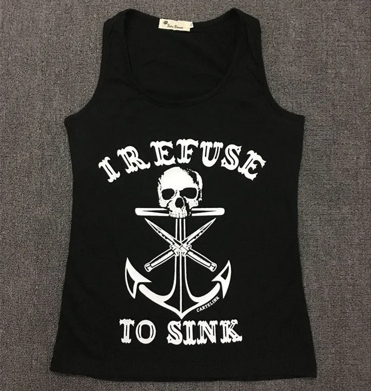 Black Skull Anchor Print Short Slim Cotton Tank Top