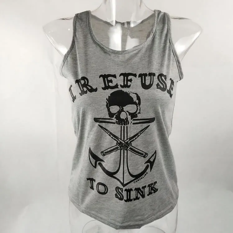 Black Skull Anchor Print Short Slim Cotton Tank Top