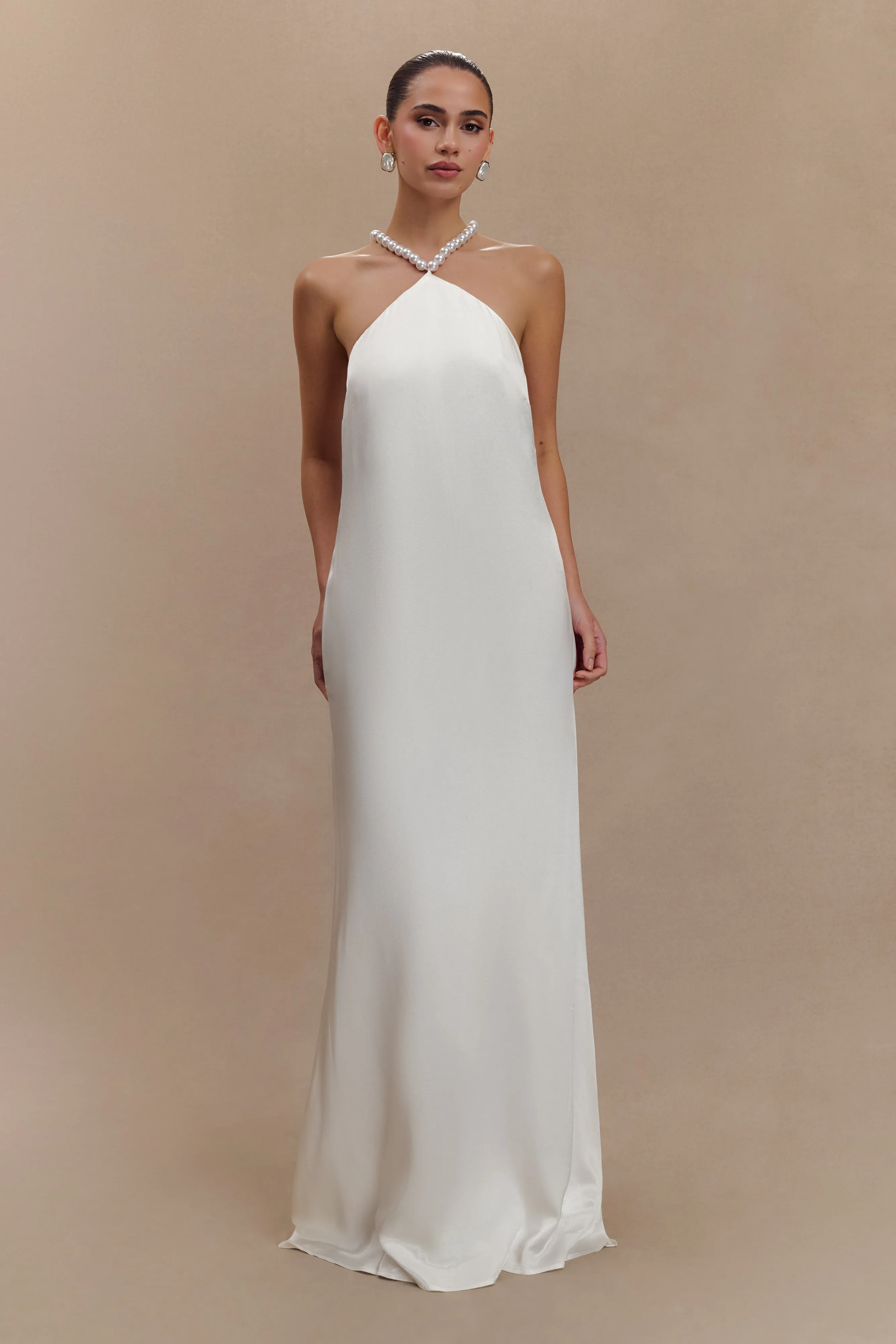 Blanche Satin Pearl Halter Maxi Dress - White